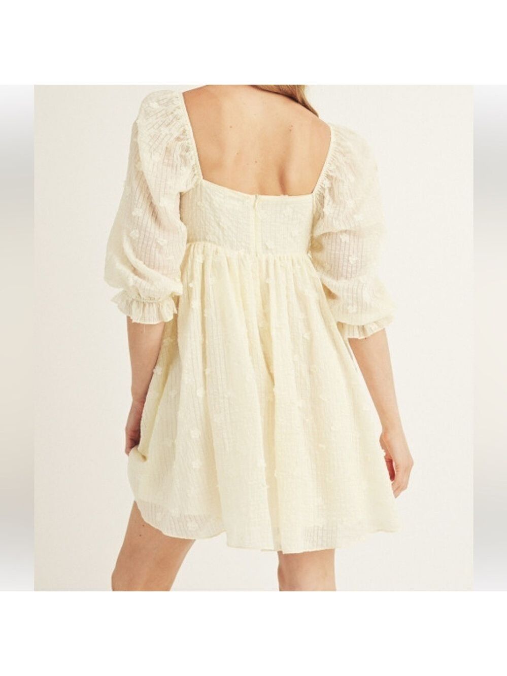 STORIA Baby Breath Baby Doll Cream Floral Appliqué Puff Sleeves Mini Dress NWT M - Picture 5 of 10